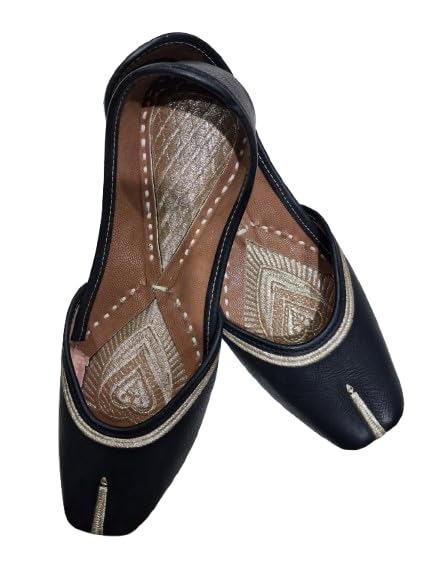 Women's Traditional Ethnic Punjabi Jutti, Black Leather Flat Comfortable Mojaris for Girls-image-19
