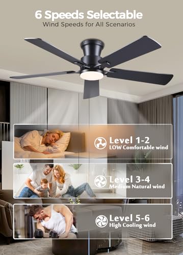 JSAITEE 52Inch Ceiling Fan with Lights and Remotes, Modern Low Profile Flush Mount Ceiling Fans,DC Reversible Motor, 3CCT Dimmable,Noiseless,Dual Finish, Black 6 Speeds Ceiling Fan for Indoor/Outdoor thumbnail 6