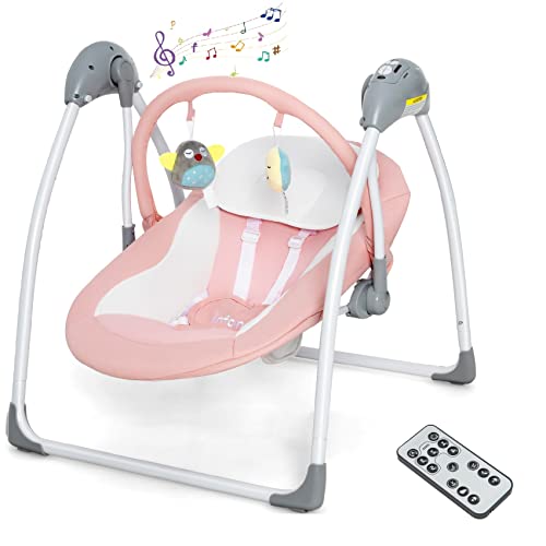 Image of INFANS Baby Swing for Infants, Compact Portable Baby Electric Rocker for Newborn with 5 Speed Natural Sway Music Timing 2 Toys Remote Control, Easy Fold, 0-6 Months Boy Girl (Pink)
