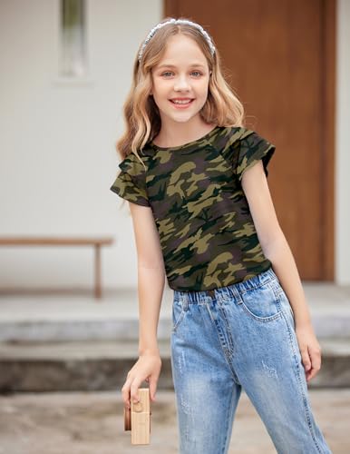 Image of Girls T Shirts Ruffle Short Sleeve Round Neck Loose Blouse Summer Solid Color Casual Girl Tee Tops for 3-12 Years