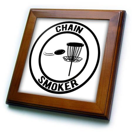 3dRose 8x8 Framed Tile - Chain Smoker in a Circle with disc Golf Basket and disc on White. Stamp City - Typography - disc Golf