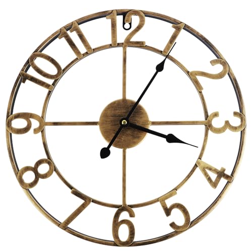 Large Wall Clock, 16 Inch Round Silent Wall Clocks Non Ticking, Battery Operated Wall Clock, Vintage Rustic Iron Wall Clock Decorative Clock for Home Living Room Bedroom Kitchen Decoration (Bronze)