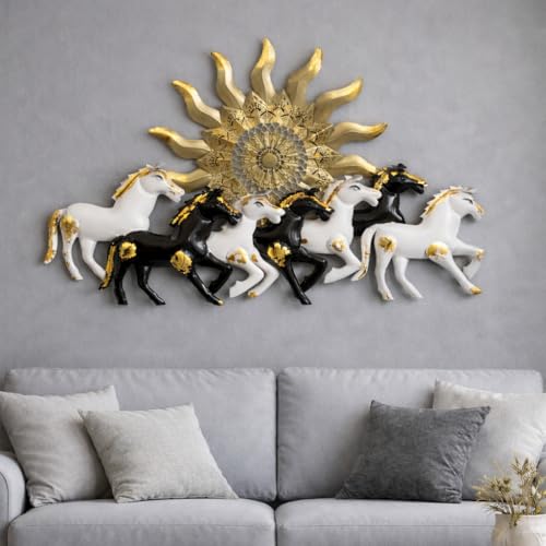 RSN Decorative 7 Running Horses Metal Wall Art with Sun & LED Lig...