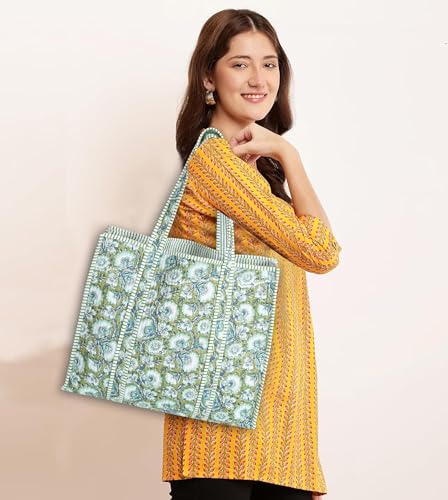 Image of Cotton Tiger Block Print Tote Bag, Indian Handmade Shopping Shoulder Bag, Unisex Market Daily Use