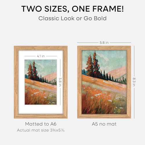 Image of Homeforia A5 Natural Oak Picture Frame, High-End Wood, A6 Mat, Glass | High End Solid Oak Wood, Tempered Glass, Acid-Free A6 Removable Mat, A5 Edge-to-Edge Display, Wall Kit, Set Of 1