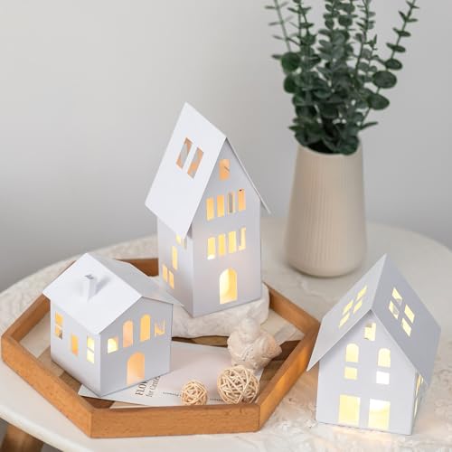 Romadedi Farolillo de Metal para Decoración Navideña: Casa Con Velas LED, Portavelas Blanco para Salón, Navidad, Casa de Té, Ventana - Juego de 3