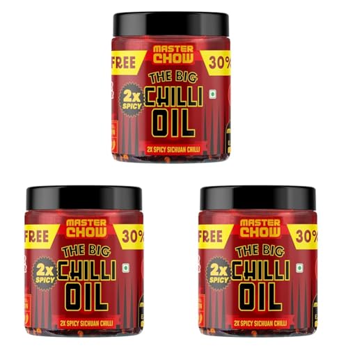 Image of MasterChow 2x Chilli Oil Spicy Sichuan Chilli Oil (450gms) - 30% Extra | Made with Sichuan Peppercorns, Crunchy Garlic & Red Chillies (Pack of 3)