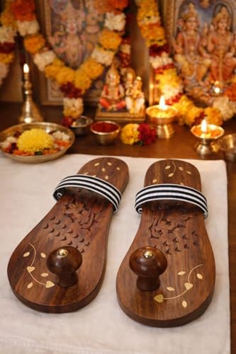 Image of Sheesham Wood Khadau Slippers with Rubber Straps | Wooden Khadau Chappal For Men and Women | Sheesham Wood | Pooja Room | Natural Brown (Standard)