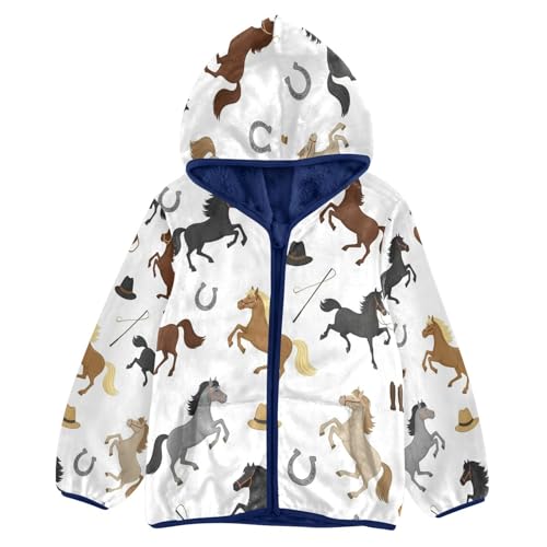 Horse Riding Pattern Toddler Fleece Jacket Girl Boys Hooded Fleece Jacket Coat Warm Outwear Zip-up 3-10T