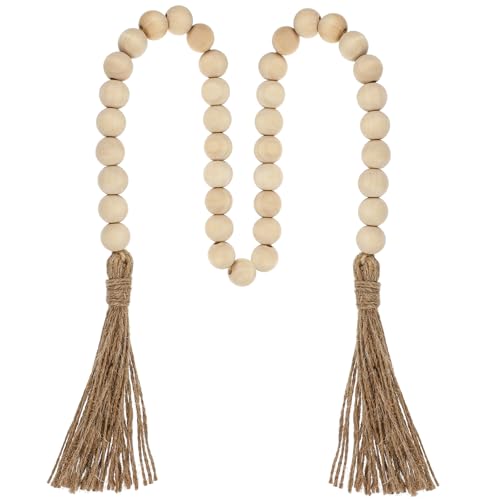 34in Farmhouse Wood Beads Garland with Tassels Decorative Bead Home Decor Wooden Beads Garland Country Room Hanging for Wood Entryway Table Shelf Tray Curtain Decor (Beige)