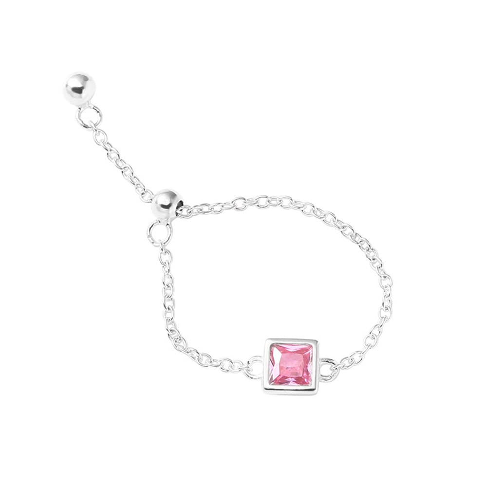 Pink Crystal Chain Link Adjustable Ring S925 Sterling Silver Cubic Zirconia Statement Thin Stacking Rings Tassel Dangling Charm Pulling Chain Bands