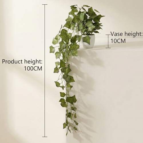 Image of Dekorly Artificial Hanging Garland with Pot - 100cm Rose Vine, 10cm Decorative Pot for Table, Shelf & Wall Decor (2, Star Money Vine)