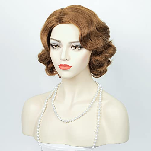 Image of 1920s Brown Flapper Vintage Wig for Women Finger Wave Wig Short Curly Wig