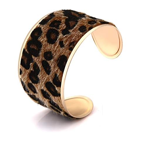 LIAO Jewelry Leopard Cuff Bracelet for Women Horse Hair Leather Wide Gold Open Bangle Bracelets Cover