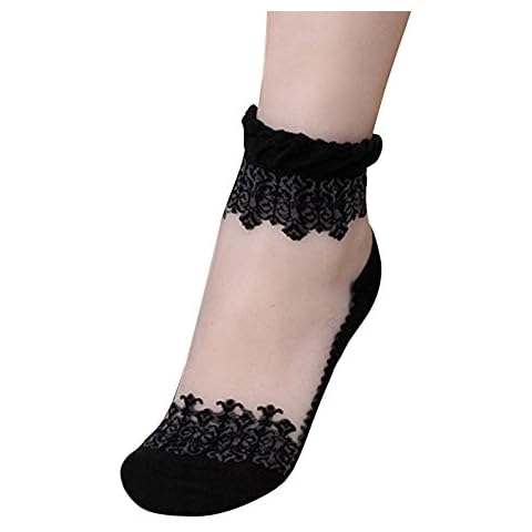 Polytree Women's Ultrathin Vintage Transparent Lace Elastic Short Socks (Black) Cover