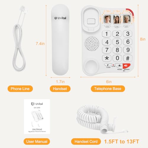 Uvital Big Button Phone for Seniors-Simple Basic Telephone for Elderly, White Telephone with White Button, Amplified Ringer with Loud Speaker for Hearing Impaired, Corded Landline Phone for Home by Uvital - Image 9