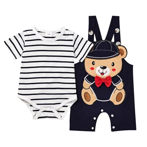 Image of TOKIAGO Baby Boy Clothes Newborn Outfits Stripe Romper Infant Cartoon Overall Adjustable Suspender Pants Set 0-18 Months