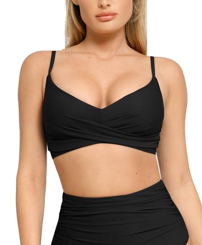Popilush Bikini Top for Women - Twist Front V Neck Push Up Padded Swim Top with Adjustable Straps - Bathing Suit Top