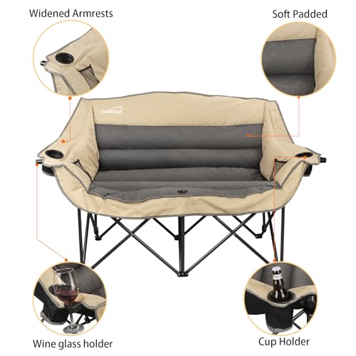 Double Folding Camping Chair Fully Padded Loveseat Camping Couch Oversized 2 Person Lawn Chair Sofa w/Cup Holder,Wine Glass Holder,Mesh Storage for Patio Picnic Beach,Support 600lbs,Beige miniatura 7