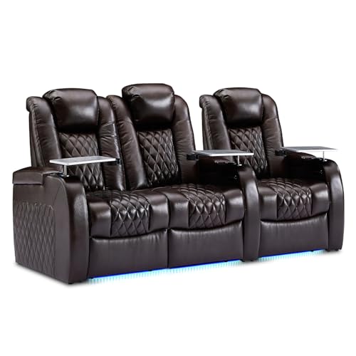Image of Weilianda Home Theater Seating, Top Grain Leather Movie Theater Chair | Brown Row of 3 Loveseat Left, Zero Gravity, Power Headrest, Tray Table, Electric Reclining Seat for Media Room