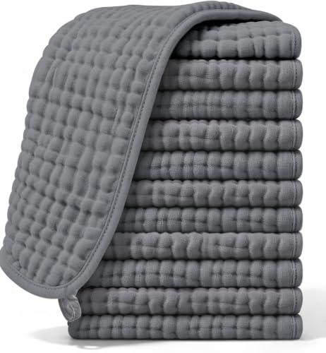 Image of Ease Cubs Muslin Burp Cloths Large 100% Cotton Hand Washcloths for Boys & Girls, Baby Essentials Extra Absorbent and Soft Burping Rags for Newborn Registry (Grey, 12-Pack, 20" X10")