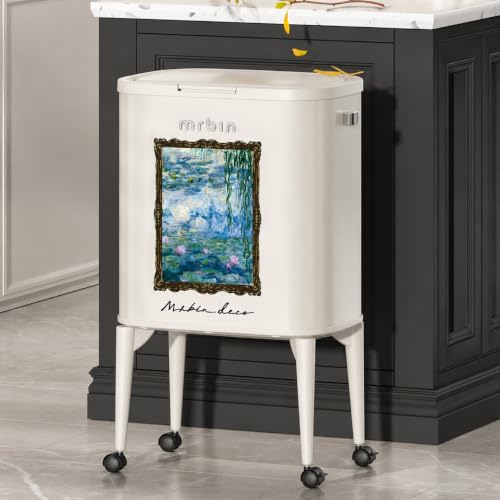 Image of MRBIN Metal Kitchen Trash Can with Wheel Legs, 36L / 9.5gal Medium Press Lid Slim Removable Waste Basket, Pet Proof Tall Narrow Garbage Pail for Vanity, Bedroom, Bathroom, Living Room, Water Lily
