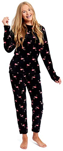 Slumber Hut® Girls Novelty Fleece Pyjamas Twosies | Hooded & Round Neck Styles | Childrens Pajamas PJs | Black Pink Flamingo 9-10 Years