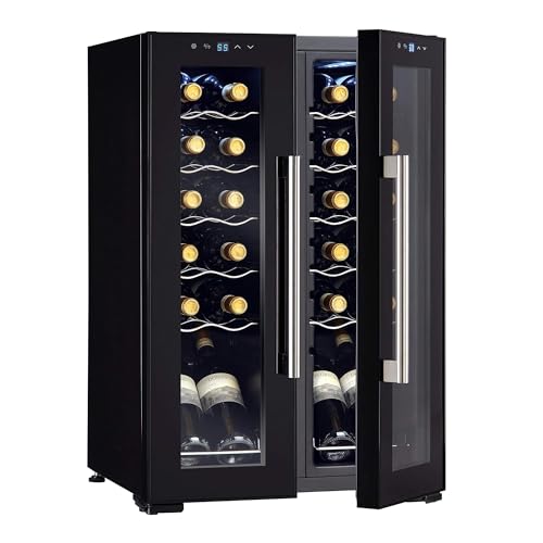 Wine Enthusiast 24-Bottle French Door Dual-Zone Compressor Wine Cooler – Freestanding Wine Refrigerator with Split Storage & 41-64°F Temperature, 2 Glass Pane Doors & Touchscreen LED Controls
