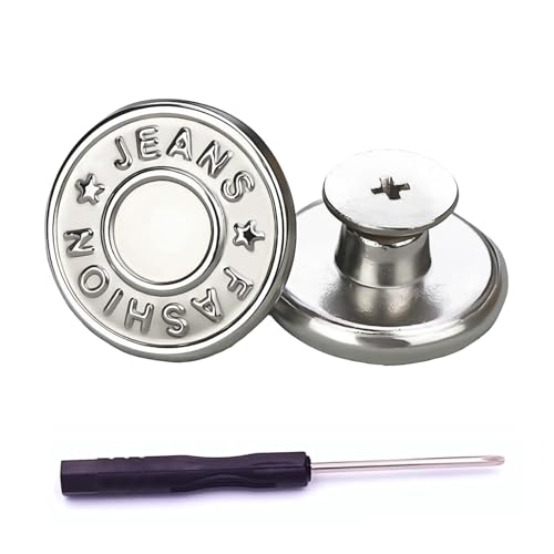 COIWAHWUN Jeans Buttons, 15 Sets 17mm No-Sew Nailess Removable Metal Jeans Button Replacement Repair Combo Thread Rivets and Screwdrivers