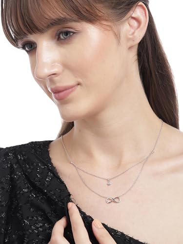 Image of Carlton London Womens 925 Sterling Silver Dangling Infinity & Solitaire with Rhodium Plated Double Chain Necklace