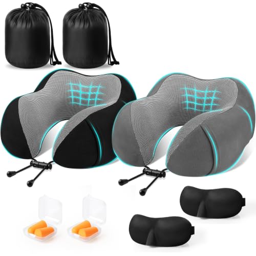 Image of CloudBliss Memory Foam Travel Neck Pillow, Set of 2, Black & Grey