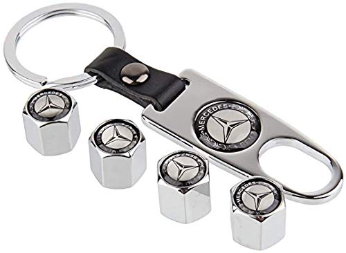 AllRing Alloy Auto Valve Caps para válvula de neumáticos, protección contra el polvo para válvula de rueda de coche con llavero, 4 unidades (Mercedes)