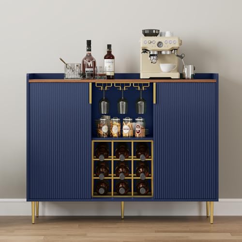Image of ARTPOWER 48 inch Wine Bar Cabinet with Fluted Texture, Modern Buffet Sideboard with Wine Rack and Glass Holder, Liquor Coffee Station with Storage for Kitchen, Living Room, Home Bar, Blue