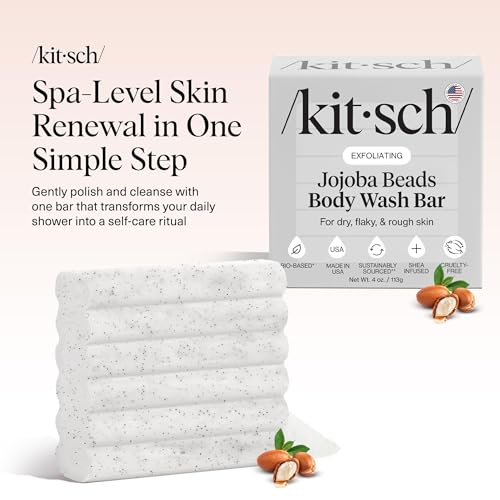 Image of Kitsch Jojoba Beads Exfoliating Body Wash Bar - Nourishing Bar Soap with Shea Butter & Aloe for Dry, Flaky Skin - Soap bar & Body Scrub for Smooth, Refreshed Skin - Rosemary & Cedarwood Scent - 4 oz