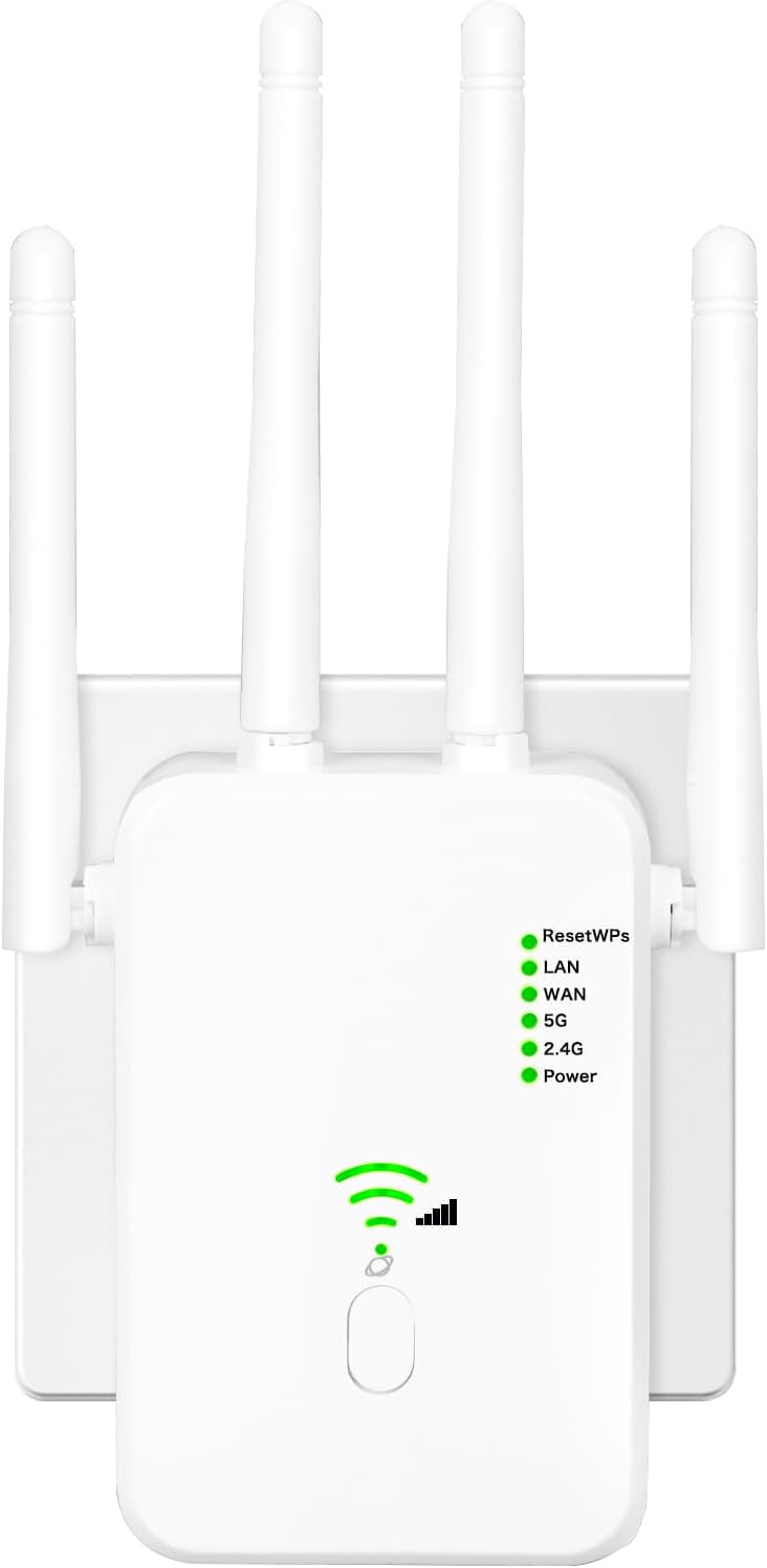 Aenxwa WLAN Repeater WLAN Verstärker 1200Mbit/s Dual-Band WiFi Booster mit Repeater/Router/Access Point Modus,4 Antennen,Einfache Einrichtung,WiFi Range Extender mit LAN/WAN Port