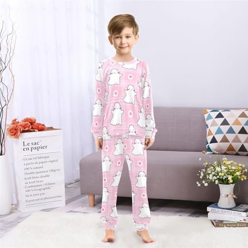 Long Sleeve Pajama Set for Girls Boys Kids,Ghost Cats Pastel Pink Comfy Nightwear Soft Loungewear,Family Matching PJs Underwear Set 3T4