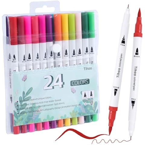 Tihoo 24 Colors Dual Brush Markers, Brush & Fine Tip Art Coloring Markers for Coloring and Note Taking, Friendly to Kids/Adults, Suit forArt School/Office/Home Cover