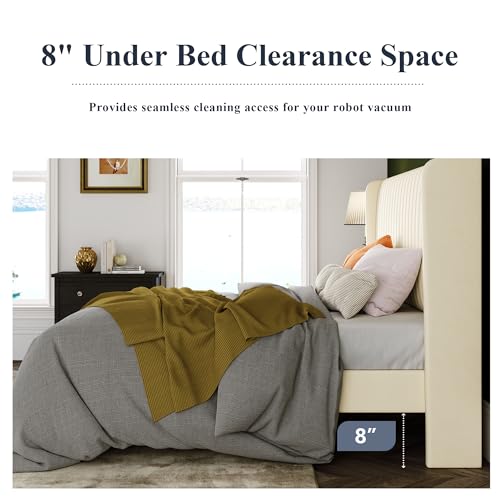Image of Allewie King Size Velvet Bed Frame /Vertical Channel Tufted Wingback Headboard /Upholstered Platform Bed /No Box Spring Needed /Strong Wooden Slats /Easy Assembly /Cream White