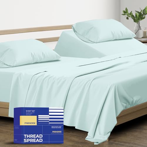 Image of THREAD SPREAD Split King Sheet Set, Luxury 1000 Series Paradise Collection 100% Egyptian Cotton Split King Sheets Sets for Adjustable Bed (5 PC, Sea Foam), Soft, 16 inch Deep Pocket Hotel Sheets