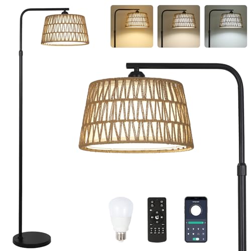 Rayofly Dimmbare Stehlampe Wohnzimmer, Rattan Stehlampe mit Fernbedienung und LED-Glühbirne, App-Steuerung, Boho Stehleuchte mit Rattan & Leinen Lampenschirm, Vintage Standleuchte für Schlafzimmer