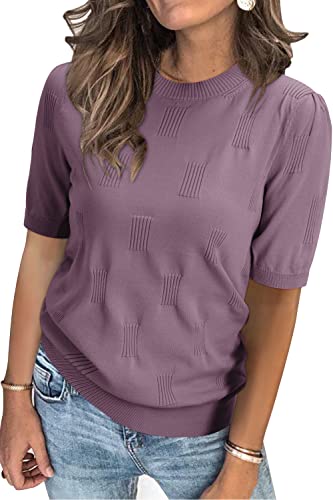Image of Arach&Cloz Women's Short Sleeve Crew Neck Sweaters Trendy Teacher Work Tops