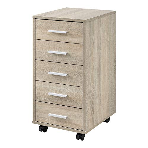 [En.Casa] Cassettiera Con Ruote Per Archiviazione Mobile Da Ufficio Con 5 Cassetti Schedario Per Studio Comodino Con Rotelle Tavolino Laterale 63 X 33 X 38 Cm - Effetto Rovere Sonoma - 4