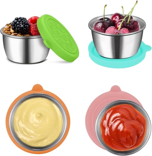 4 recipientes para aderezos para ensaladas, 70 ml, recipientes con tapa de silicona, accesorios a prueba de fugas, recipientes de acero inoxidable para aderezos para ensaladas, recipientes para salsas