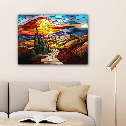 GCWTMAL Cuadro de paisaje puesta de sol con sendero y pueblo mural para sala de estar y dormitorio obra de arte sobre lienzo (30 × 50 cm sin marco)