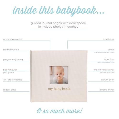 Image of Pearhead Ivory Linen Baby Memory Book, 4x6 Photo Cover Insert | 56 Guided Pages, First 5 Years Milestone Journal, Photo Album Pages, Baby Gift
