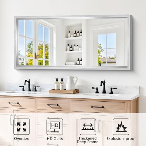 Image of 60 x 28 inch Brushed Silver Bathroom Mirror, Metal Framed Large Rectangle Mirror, 0.6 inch Thickened Deep Frame Mirrors for Living Room Bedroom, Tempered Glass, Antirust, Horizontal or Vertical