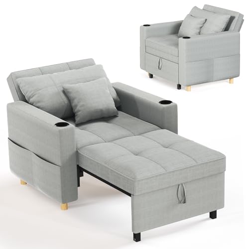 YODOLLA Schlafsofa 97cm Extrabreit, 3-in-1 Schlafsessel mit Bettfunktion, Verstellbarer Rückenlehne, Getränkehalter, Schlafcouch Einzelsessel mit Bettkasten&Schlaffunktion für Wohnzimmer, Grau