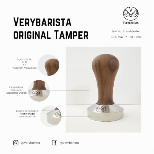 Foto von Espresso Tamper - 58,5 mm für IMS Competition-Filterkörbe, Nussbaum und INOX Stahl Flacher Boden