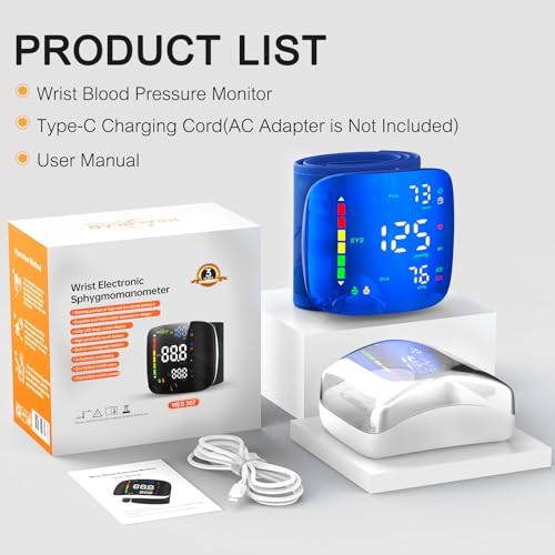 Wrist Blood Pressure Monitor with Led Touch Screen -Adjustable Wrist Blood Pressure Cuff from 5.1 inches to 9.3 inches,Rechargeable Wrist Bp Monitor with 99x2 Reading Memory and Carrying Case(Blue) - 7