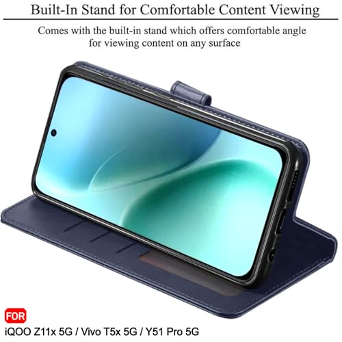 Image of TheGiftKart Flip Back Cover Case for iQOO Z11x 5G / Vivo T5x 5G / Vivo Y51 Pro 5G | Genuine Leather Finish | Designer Button | Inbuilt Pockets & Stand | Flip Back Case Cover (Faux Leather, Blue)